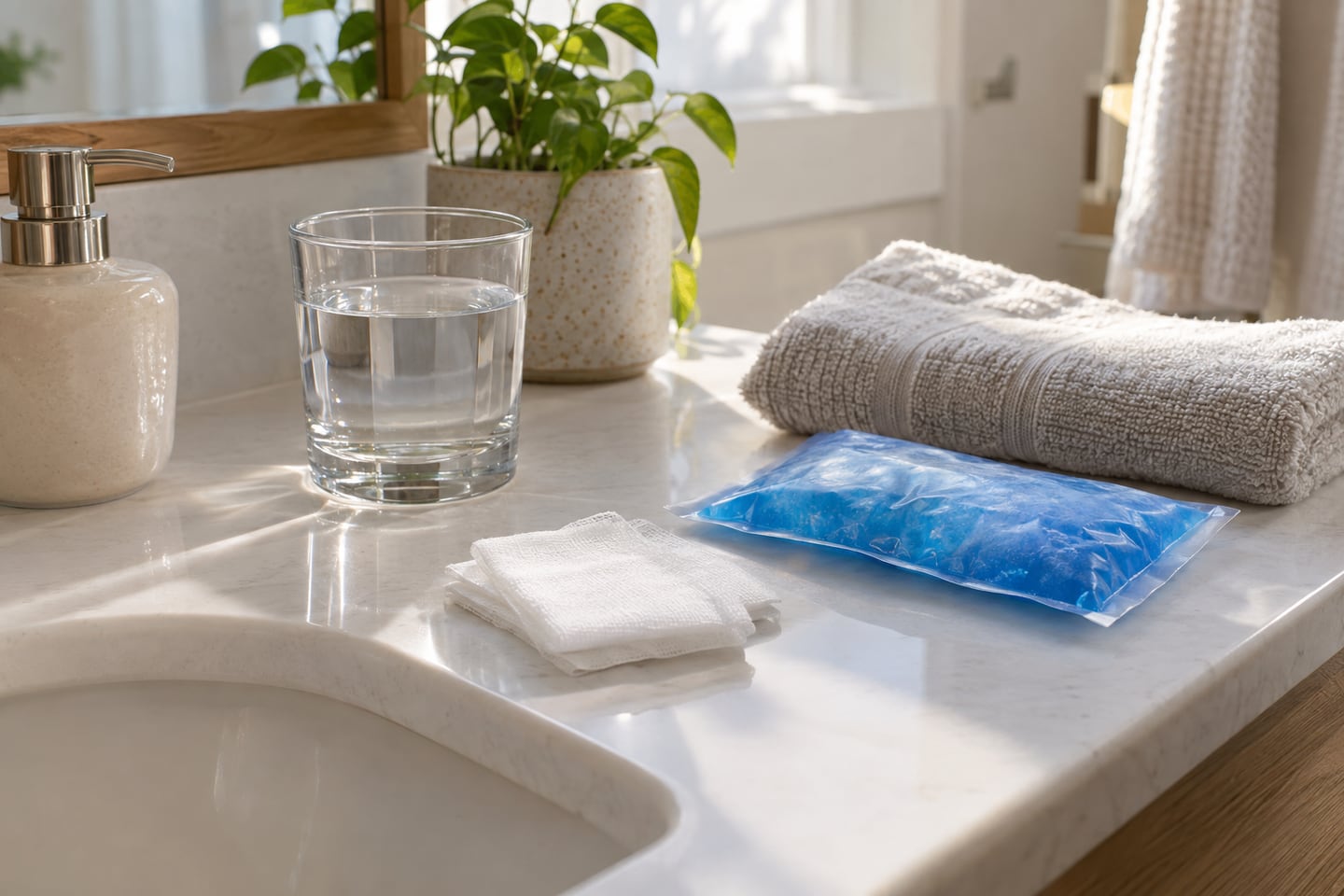 Aftercare supplies on a bathroom counter: clean gauze, a glass of water and a cold pack.