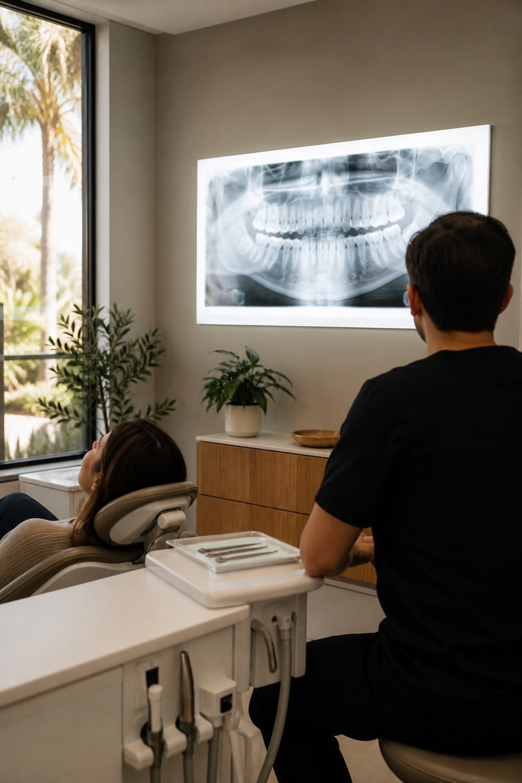 A dentist reviewing digital dental X-rays on a lightbox display.