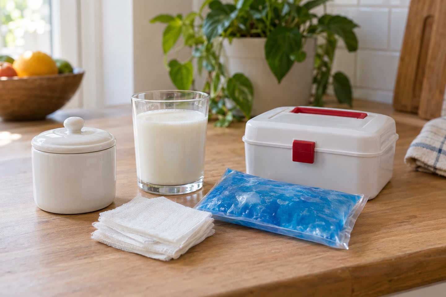A simple dental first-aid setup on a kitchen counter: a small container, milk, gauze and a cold pack.
