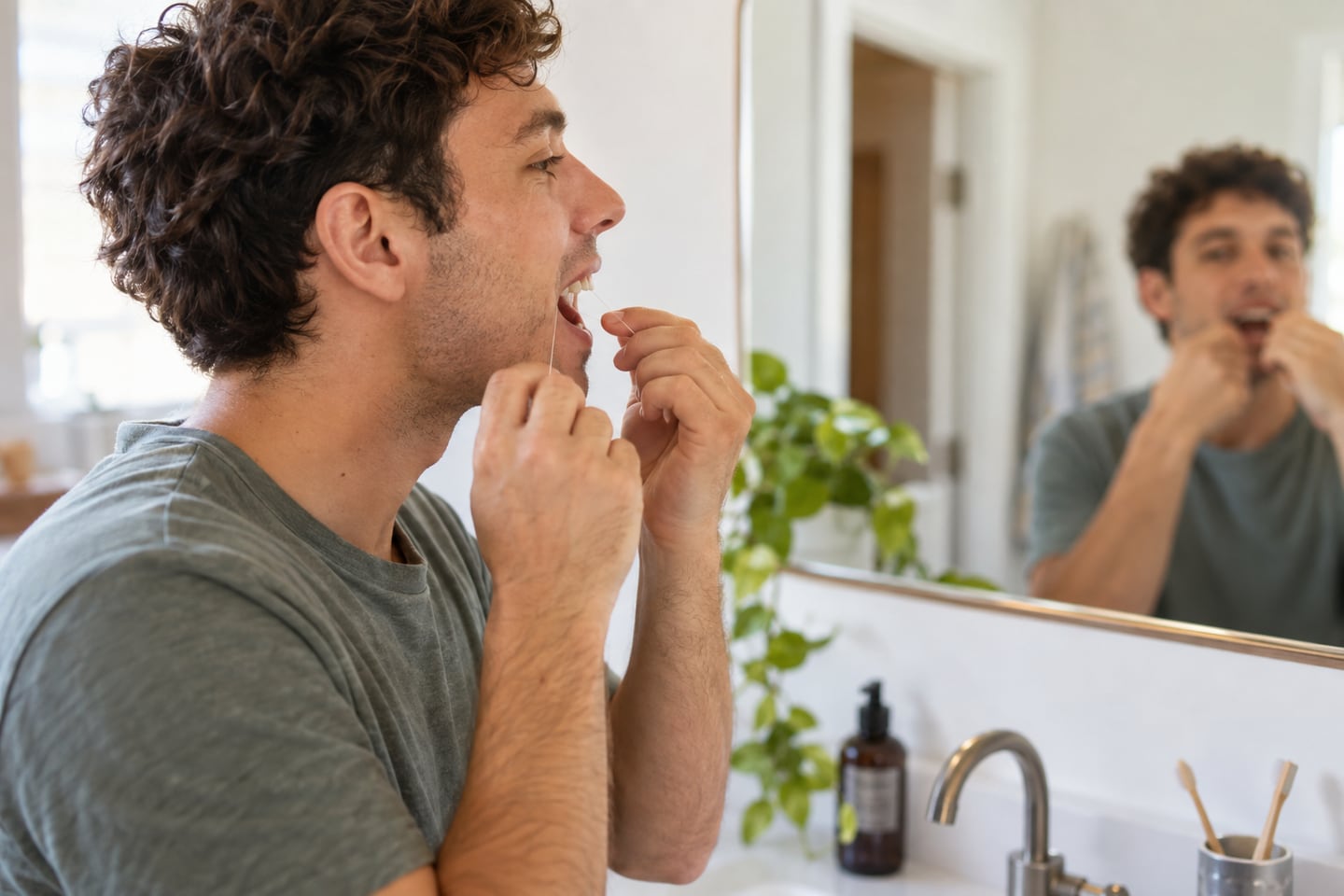 An adult flossing carefully at a bathroom mirror.