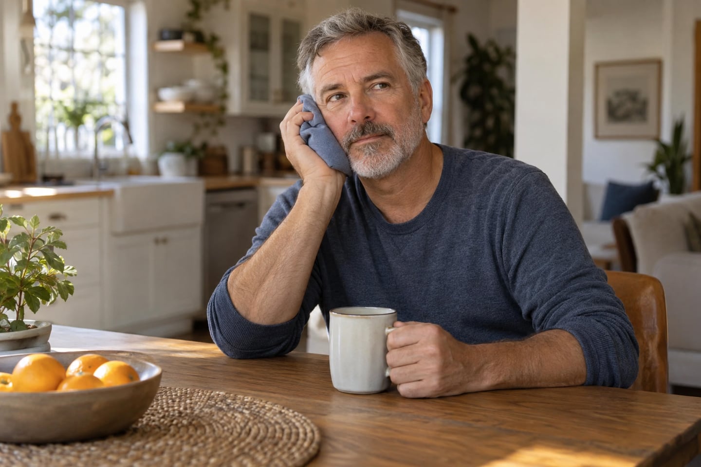 An adult at a kitchen table in the morning holding a cold pack to their cheek.