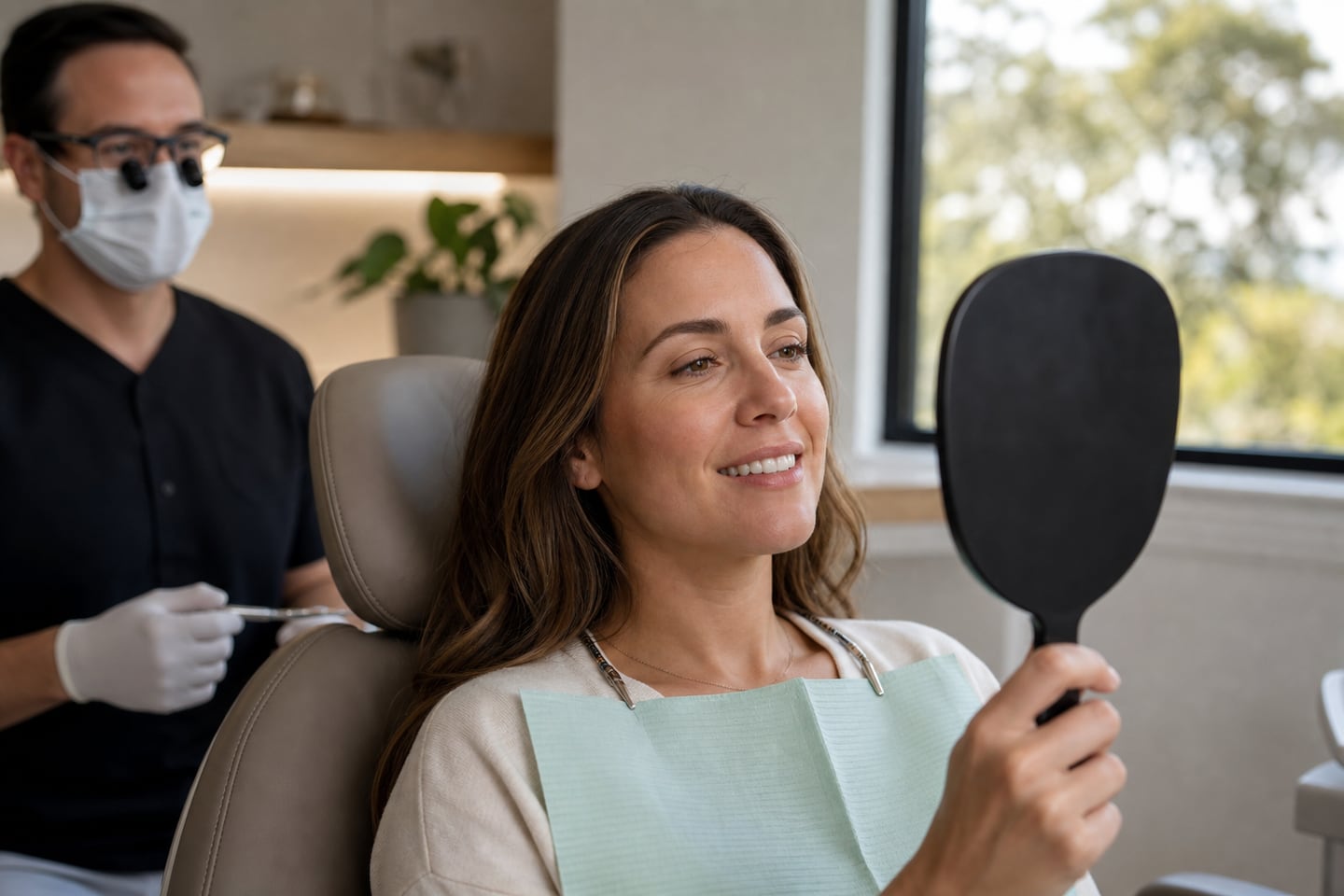 A patient looking at their smile in a hand mirror after treatment.