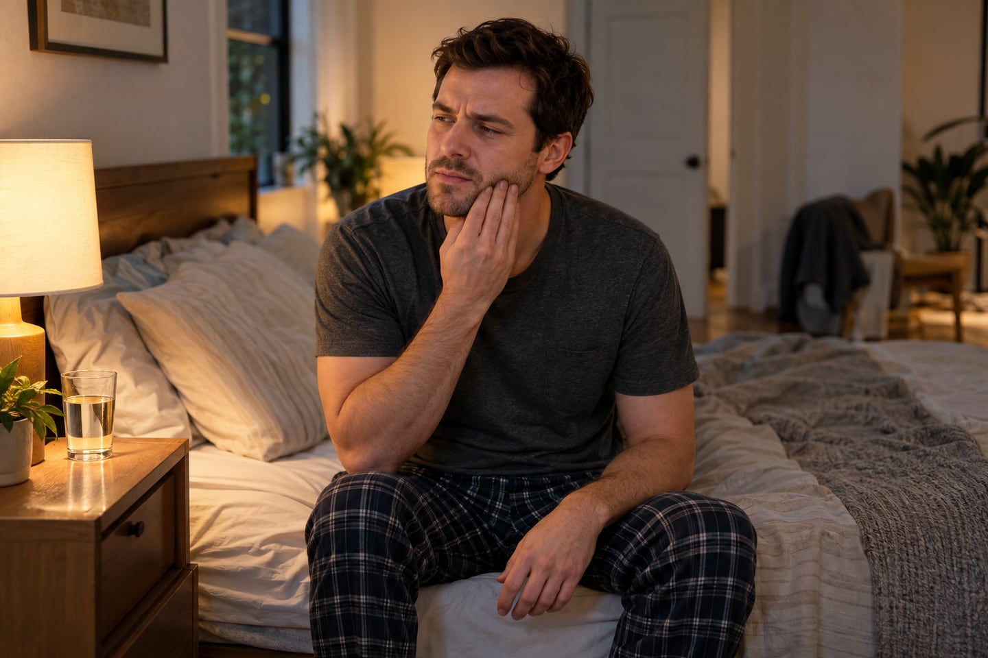 An adult sitting on the edge of a bed at night with a hand resting on their jaw.