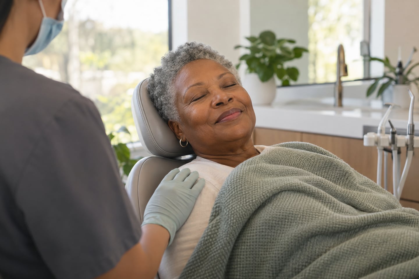 A deeply relaxed patient resting in a dental chair, a clinician's hand on their shoulder.
