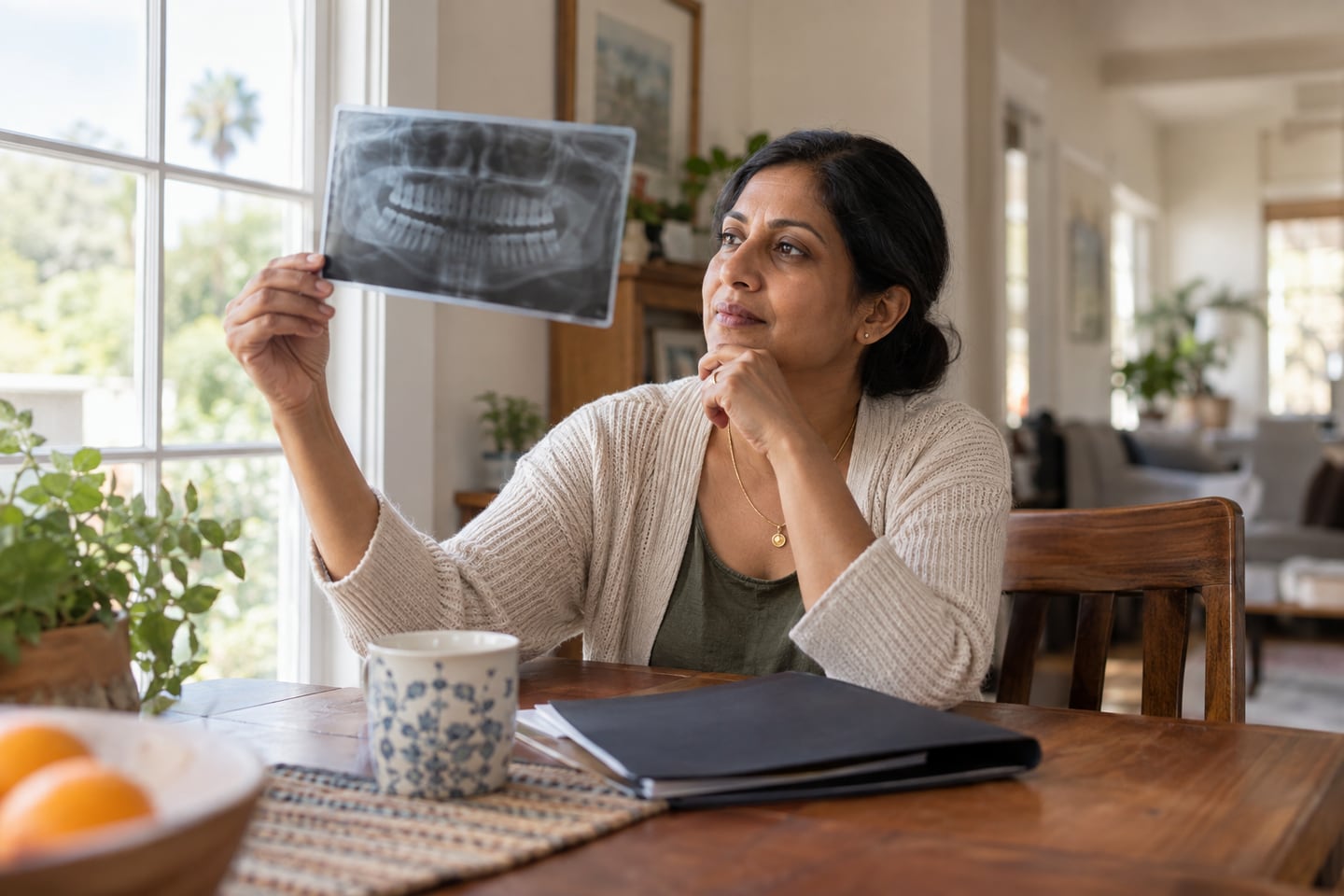 An adult holding a dental X-ray up to the window light at home.