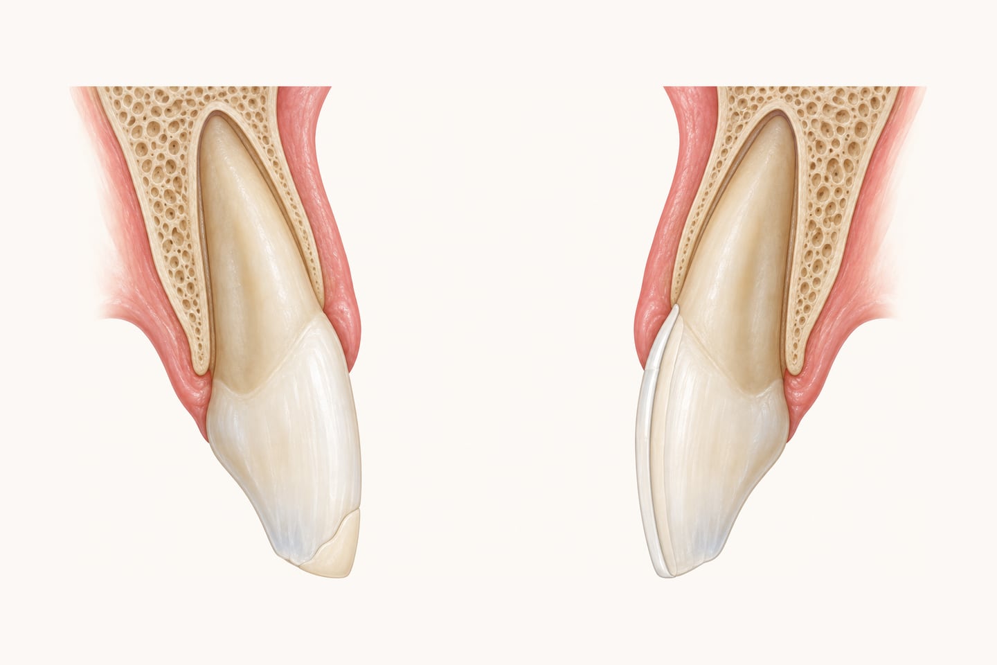 Two-part cross-section illustration of a chipped front tooth: on the left composite bonding added onto intact enamel; on the right a porcelain veneer over a front surface that has had a thin layer of enamel removed.