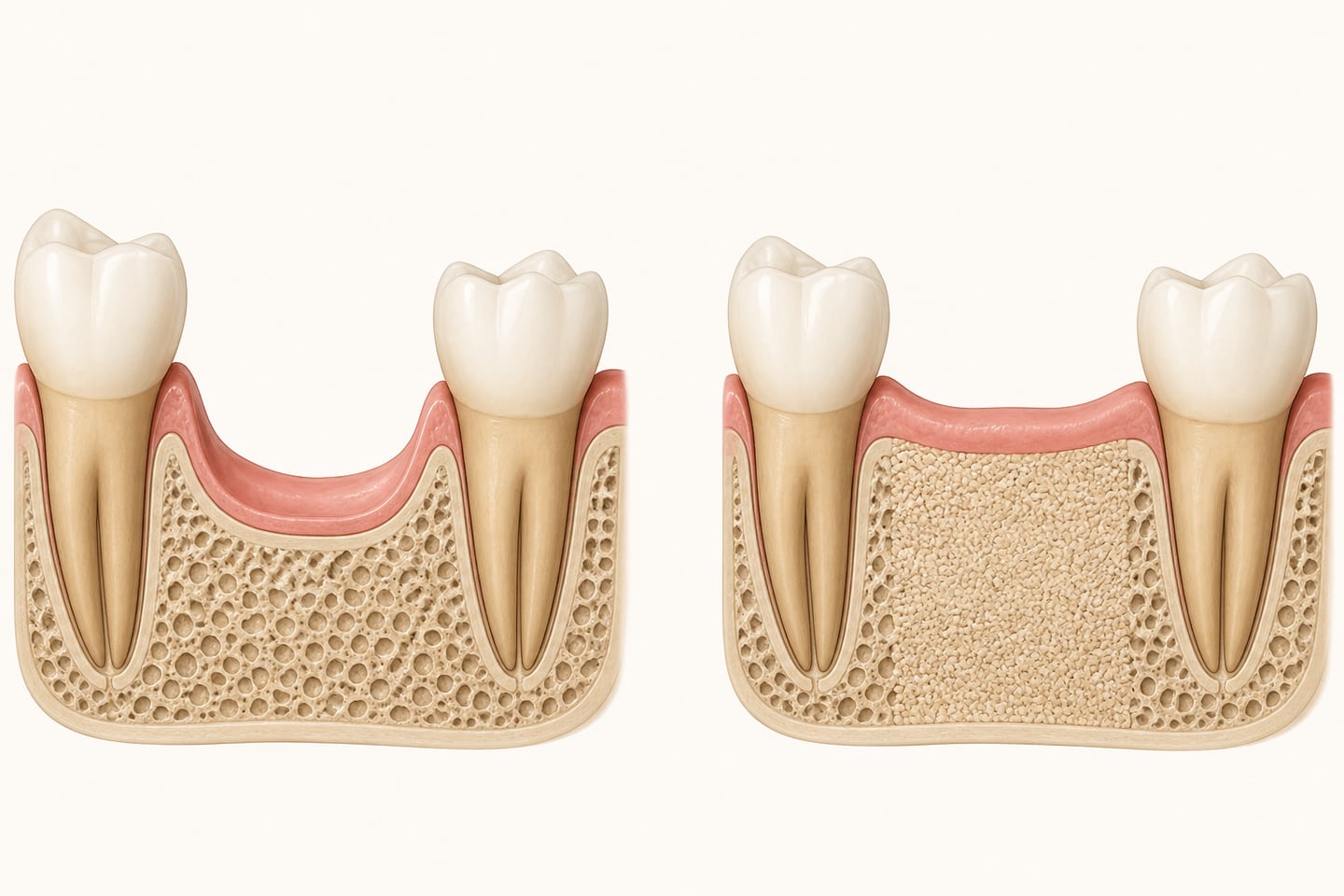 Two-part cutaway illustration of a jaw: on the left a long-empty tooth site where the bone ridge has become narrower and lower, on the right the same site rebuilt with graft material to full width and height.