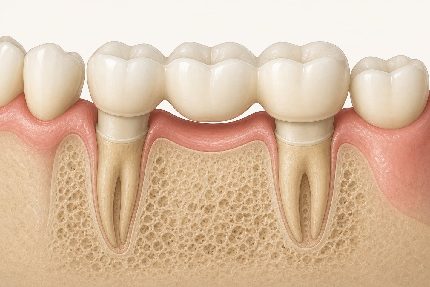 Cutaway illustration of a three-unit dental bridge: two reshaped natural teeth carrying crowns, joined to a middle replacement tooth that rests on the gum with no root beneath it.