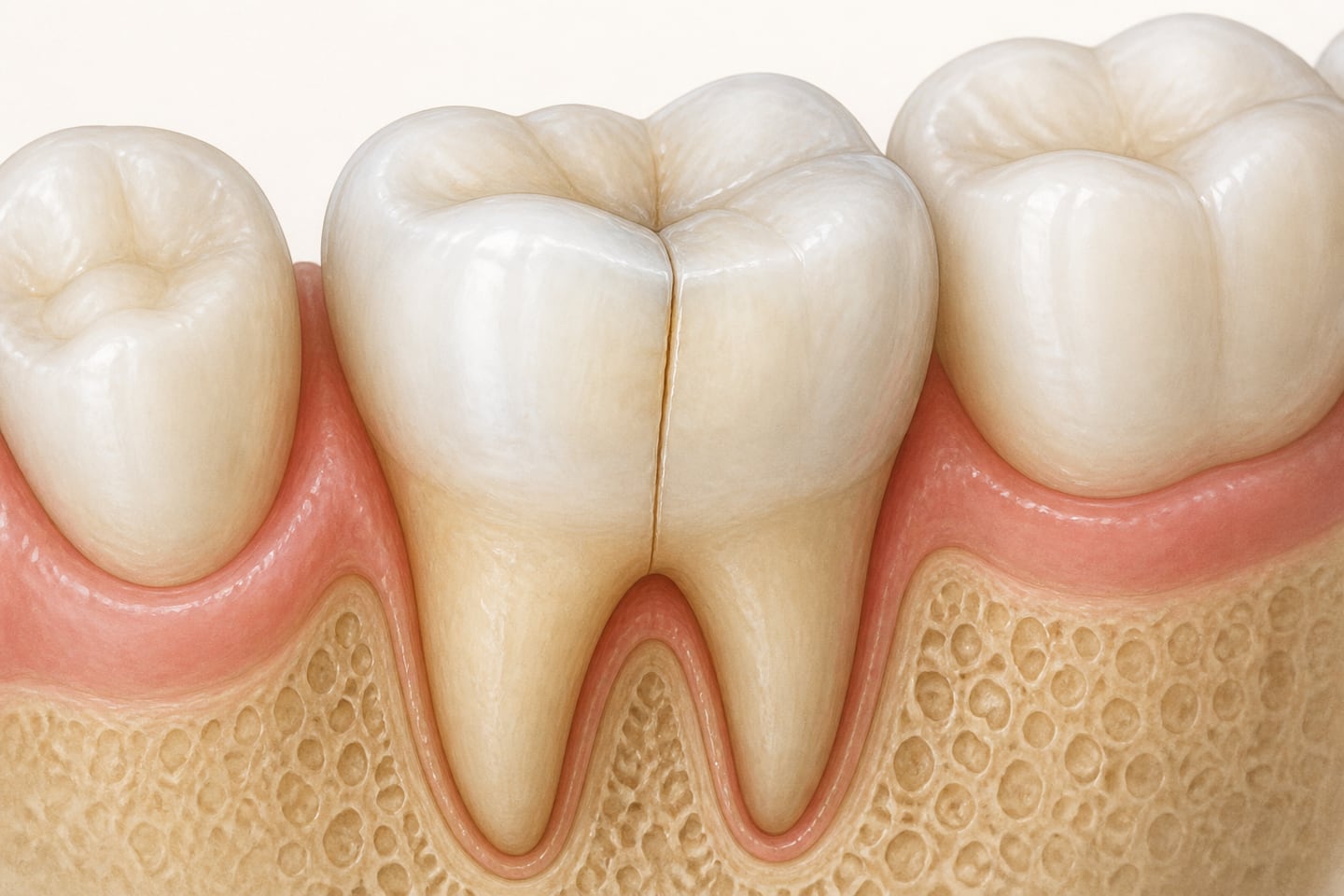 Macro illustration of a lower molar with a fine vertical crack running from the biting surface down one cusp toward the gum line, with slight staining along the crack.