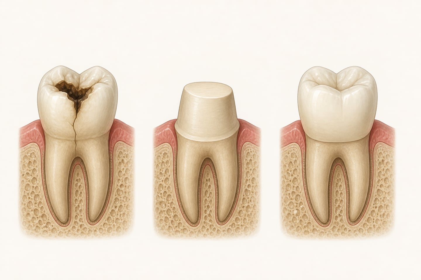 Three-stage illustration of crown treatment on a lower molar: a damaged and cracked tooth, the same tooth reduced to a smooth tapered preparation, and the finished ceramic crown restoring the original shape.