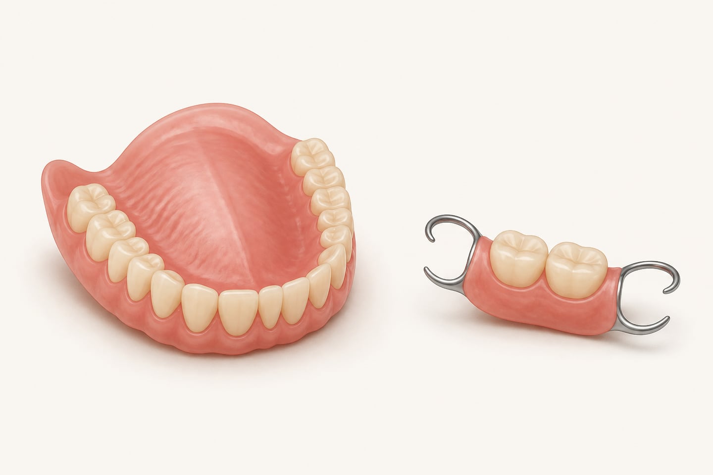 Illustration comparing a full upper denture, a complete arch of teeth on a pink acrylic base with a palate plate, against a partial lower denture, a smaller saddle carrying two teeth with metal clasps at each end.