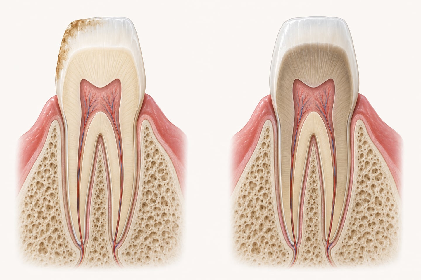 Two-part cross-section illustration of a front tooth: on the left a brown stain sits only on the outer enamel surface; on the right the enamel is clean but the dentin inside is darker and shows through.
