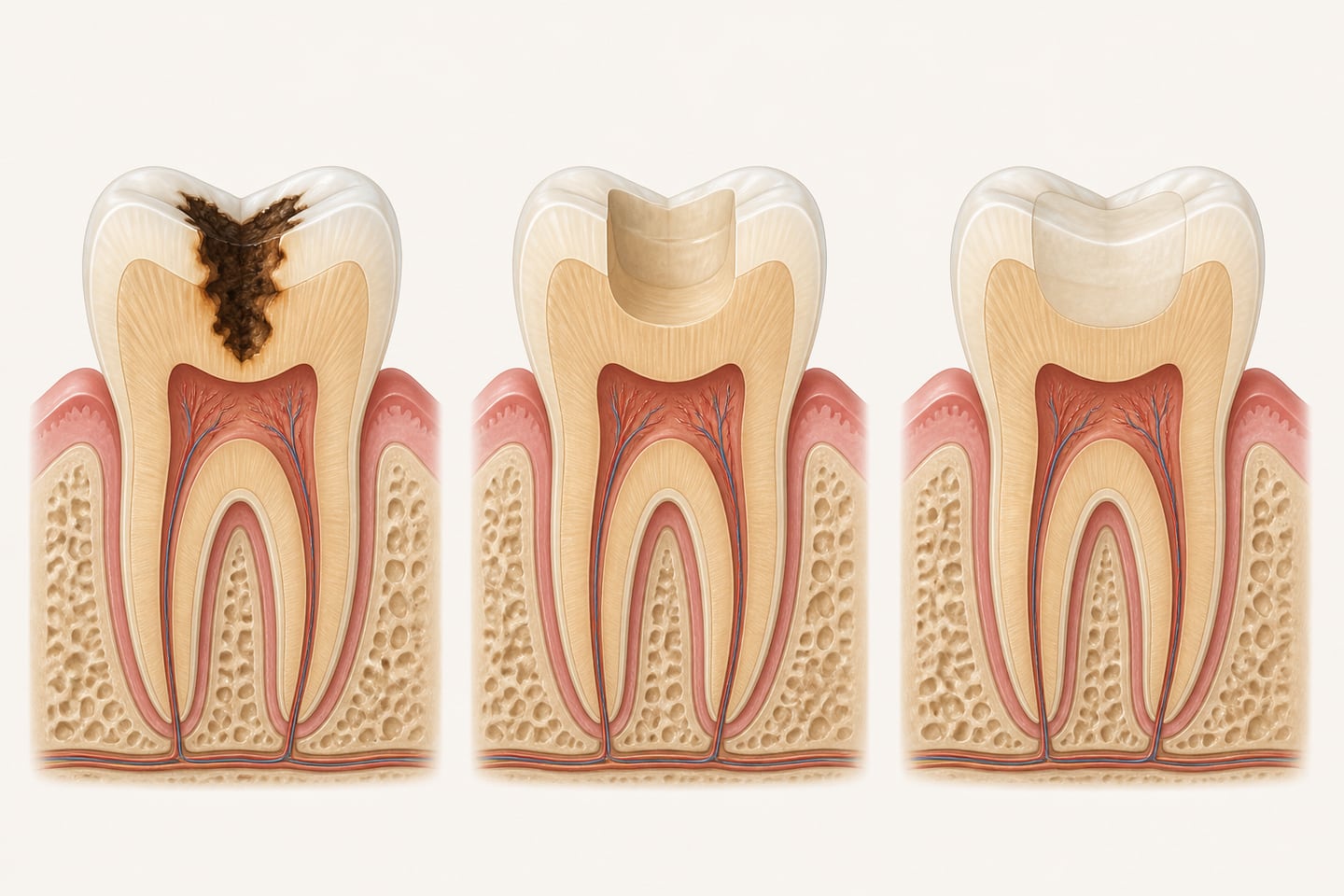 Three-panel cutaway illustration of filling treatment: decay breaking through enamel into dentine, the cleaned and prepared cavity, and the finished tooth-coloured composite filling.