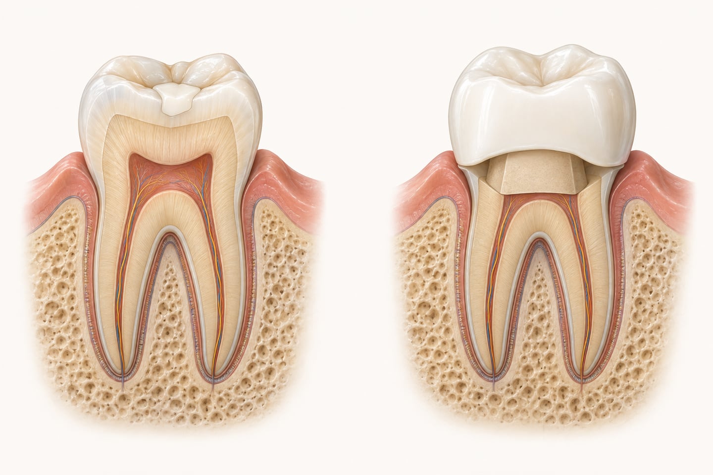 Two-part cutaway illustration of a molar: on the left a small filling surrounded by thick natural tooth walls; on the right a crown covering a tooth that had lost much of its structure.