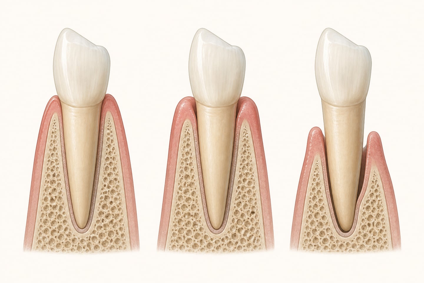Three-panel cutaway illustration of gum health: healthy gum and high bone level, early inflammation with a puffy gum margin but unchanged bone, and advanced disease with gum recession, a deeper pocket and a visibly lower bone level.