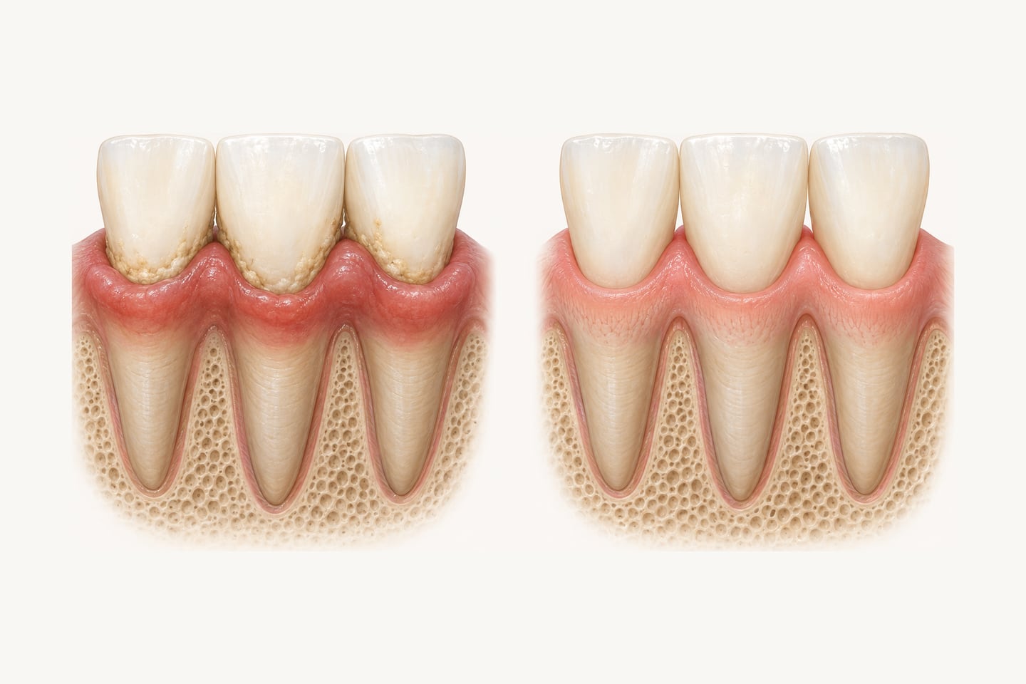 Two-part illustration of the gums around three lower front teeth: on the left swollen, darker gum margins with plaque at the gum line; on the right the same gums firm, pink and healthy.