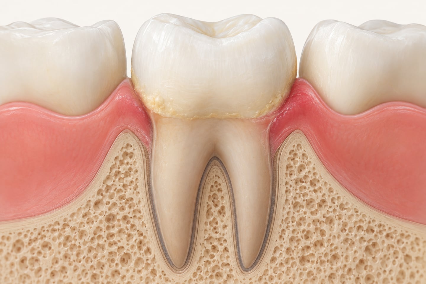 Cross-section illustration of a tooth at the gum line, with a film of plaque along the edge and the gum next to it slightly swollen, above healthy bone.