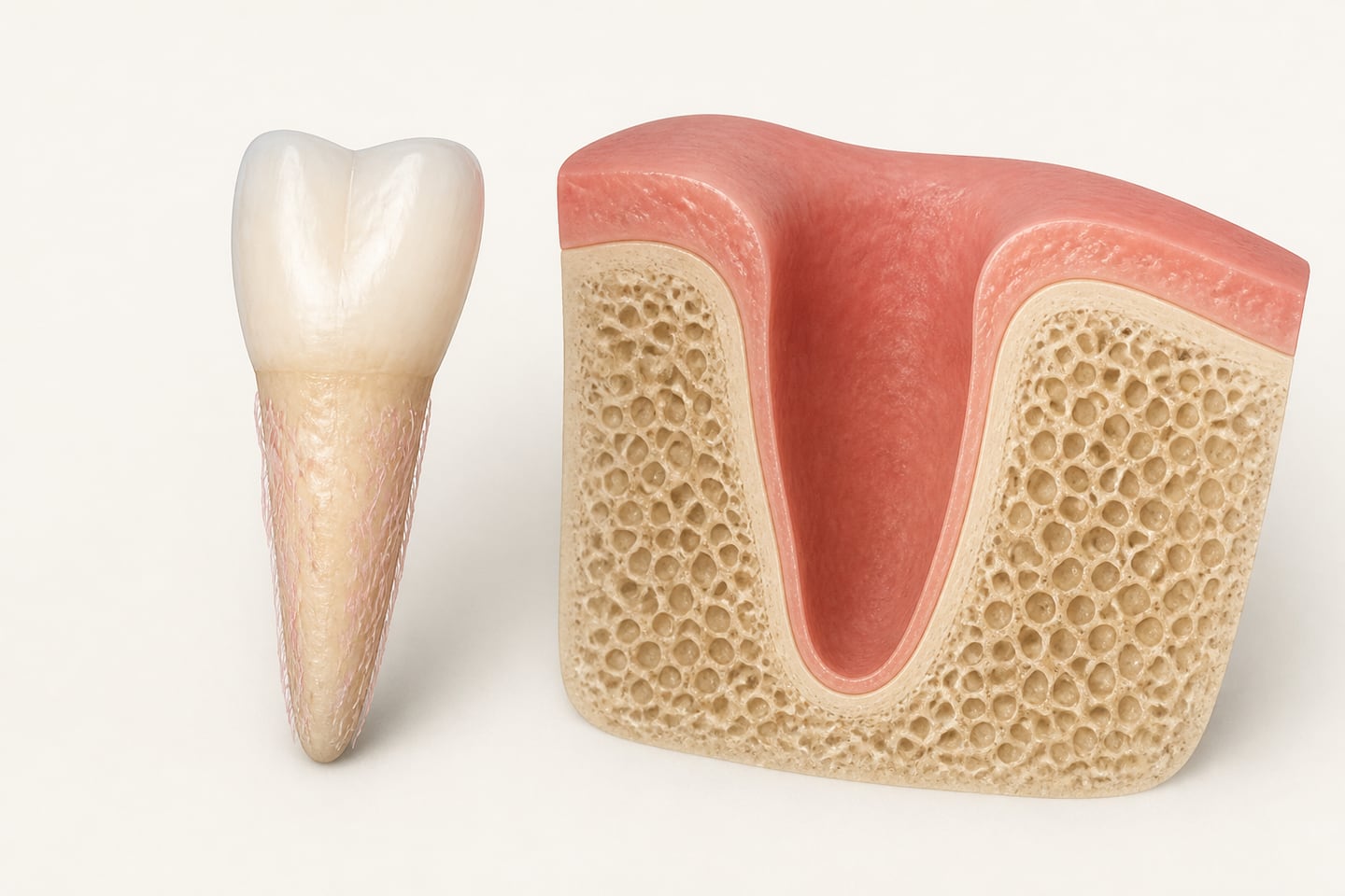 Illustration of a knocked-out upper front tooth lying beside its empty socket, showing the whole crown and root with delicate soft tissue fibres still attached to the root surface.
