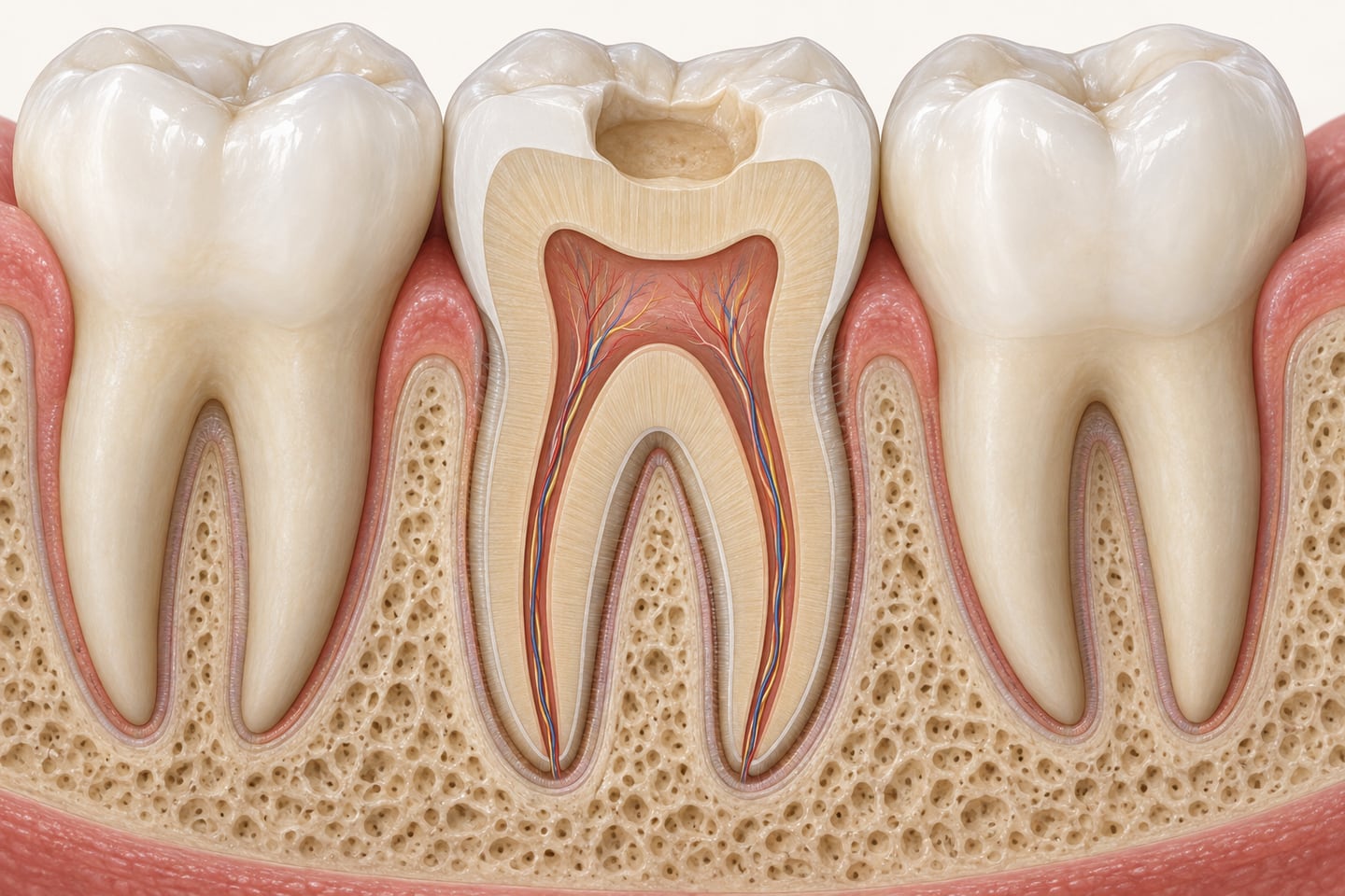Cutaway illustration of a molar where a filling has fallen out, leaving an open cavity with exposed dentin above the pulp.