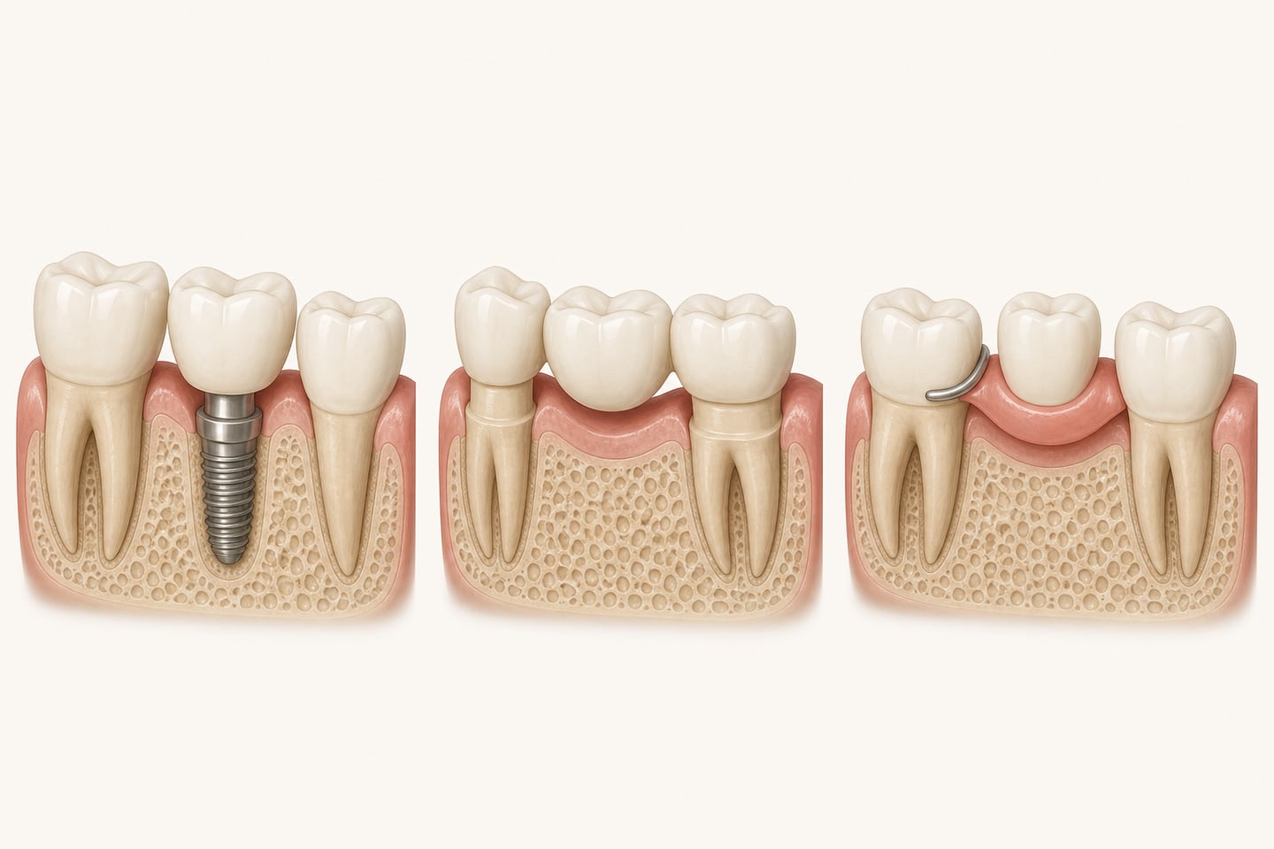 Illustration comparing three ways to replace one missing lower molar: an implant seated in bone, a three-unit bridge carried by reshaped neighbouring teeth, and a removable partial denture that rests on the gum with a clasp around an adjacent tooth.