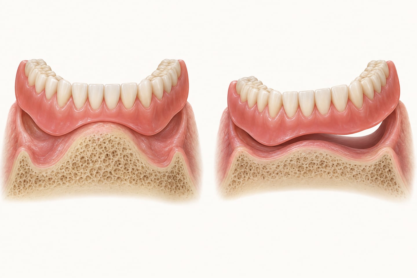 Two-part cross-section illustration of a lower denture: on the left it fits snugly over a tall jaw ridge; on the right the ridge has shrunk and the same denture sits loosely with a gap beneath it.