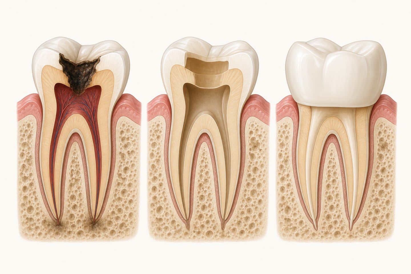 Three-panel cutaway illustration of root canal treatment: deep decay reaching the inflamed pulp, the cleaned and emptied canals, and the filled canals sealed beneath a crown.