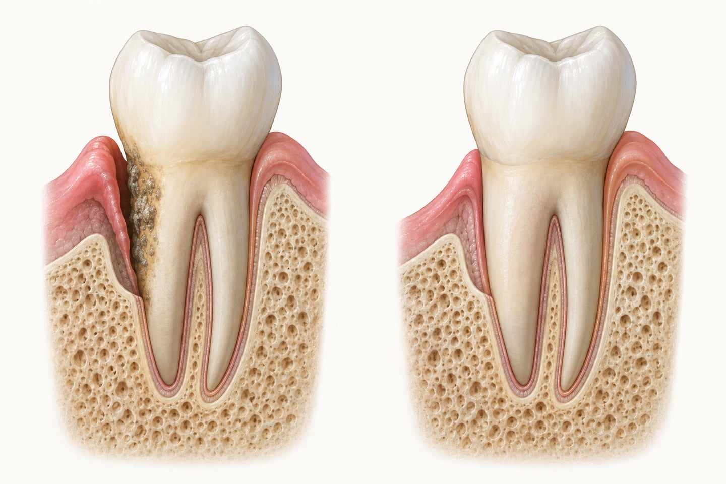Two-part cutaway illustration of a tooth and gum: on the left tartar on the root inside a deep gum pocket; on the right the root smooth and clean with the gum fitting snugly again.