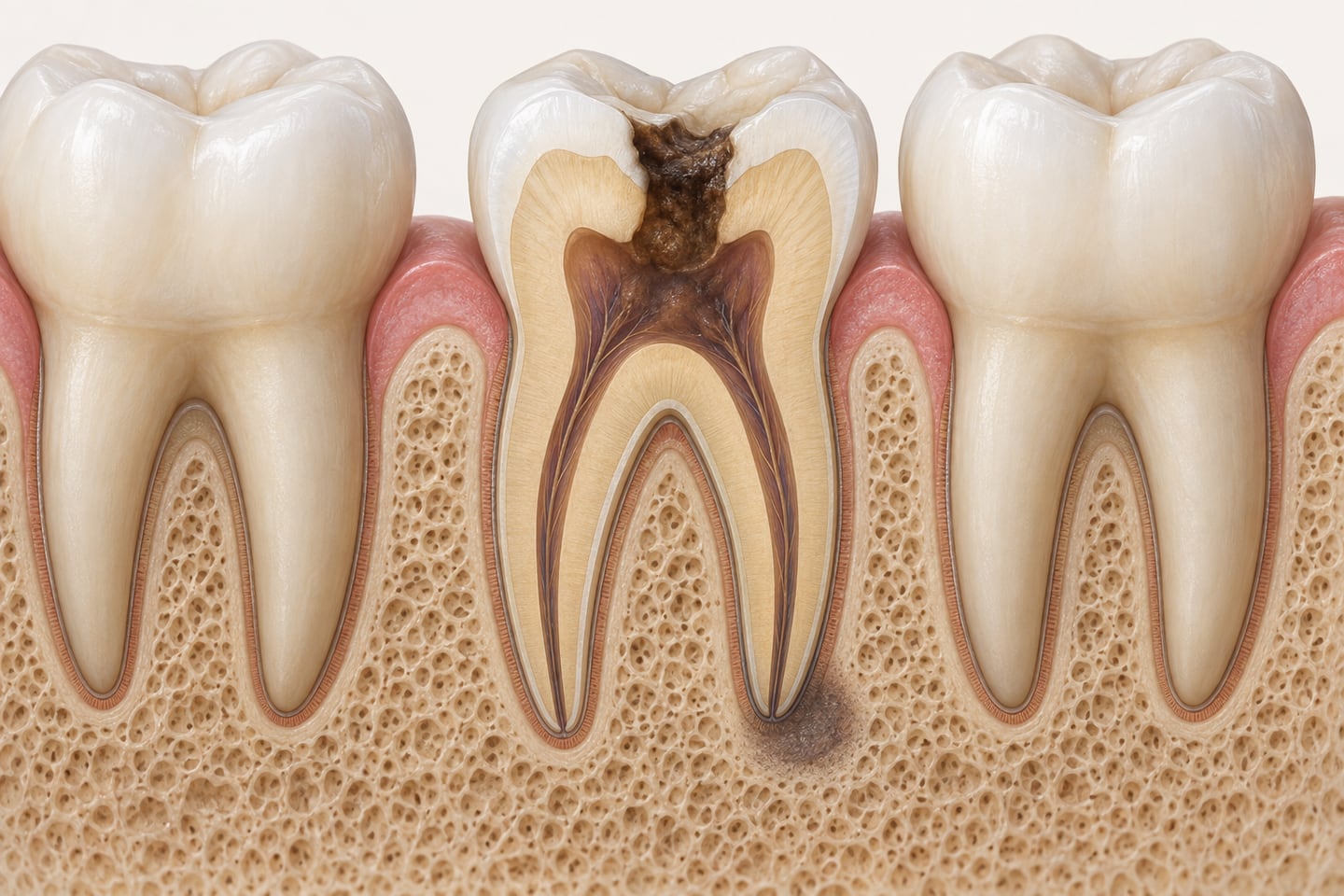 Cutaway illustration of a lower molar where decay has reached the pulp, with a small dark area in the bone at the tip of one root showing where infection has spread.