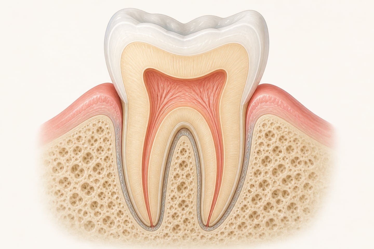 Cutaway illustration of a healthy lower molar showing the translucent enamel shell, the ivory dentine beneath it, and the central pulp chamber tapering into canals in both roots, with the roots seated in jawbone.