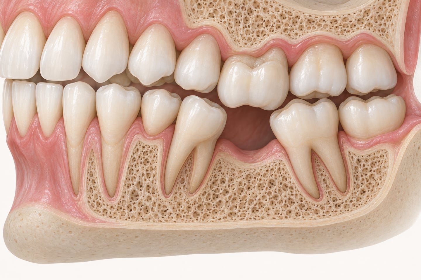 Illustration of teeth shifting after a lower molar is lost: the neighbouring lower teeth tip into the gap, the upper tooth above drifts down toward it, and the bone under the gap has shrunk.