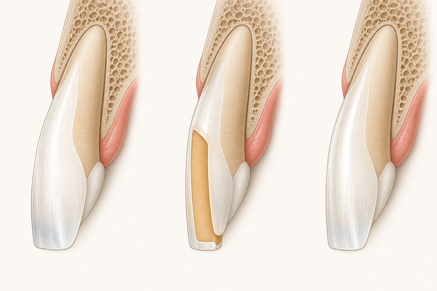 Three-panel cross-section illustration of an upper front tooth: the natural tooth with a full-thickness enamel layer, the same tooth after a visible step of front-surface enamel has been cut away, and a thin porcelain veneer seated onto the prepared surface to restore the original outline.