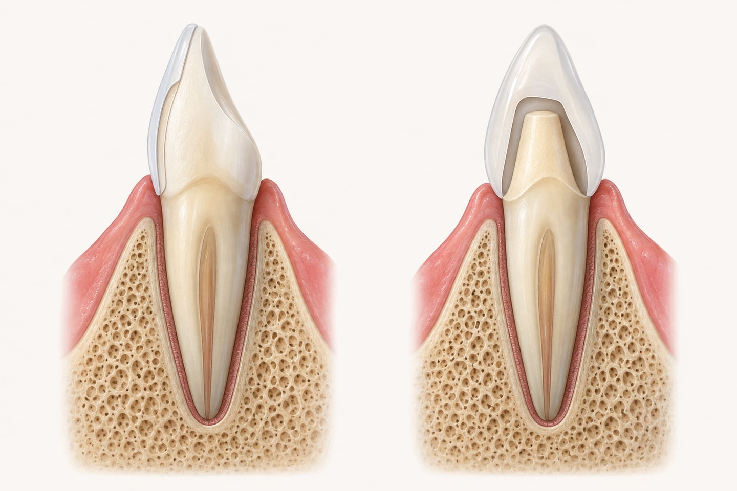 Two-part cross-section illustration of a front tooth: on the left a thin veneer covering only the front surface; on the right a crown covering a tooth reduced on every side.
